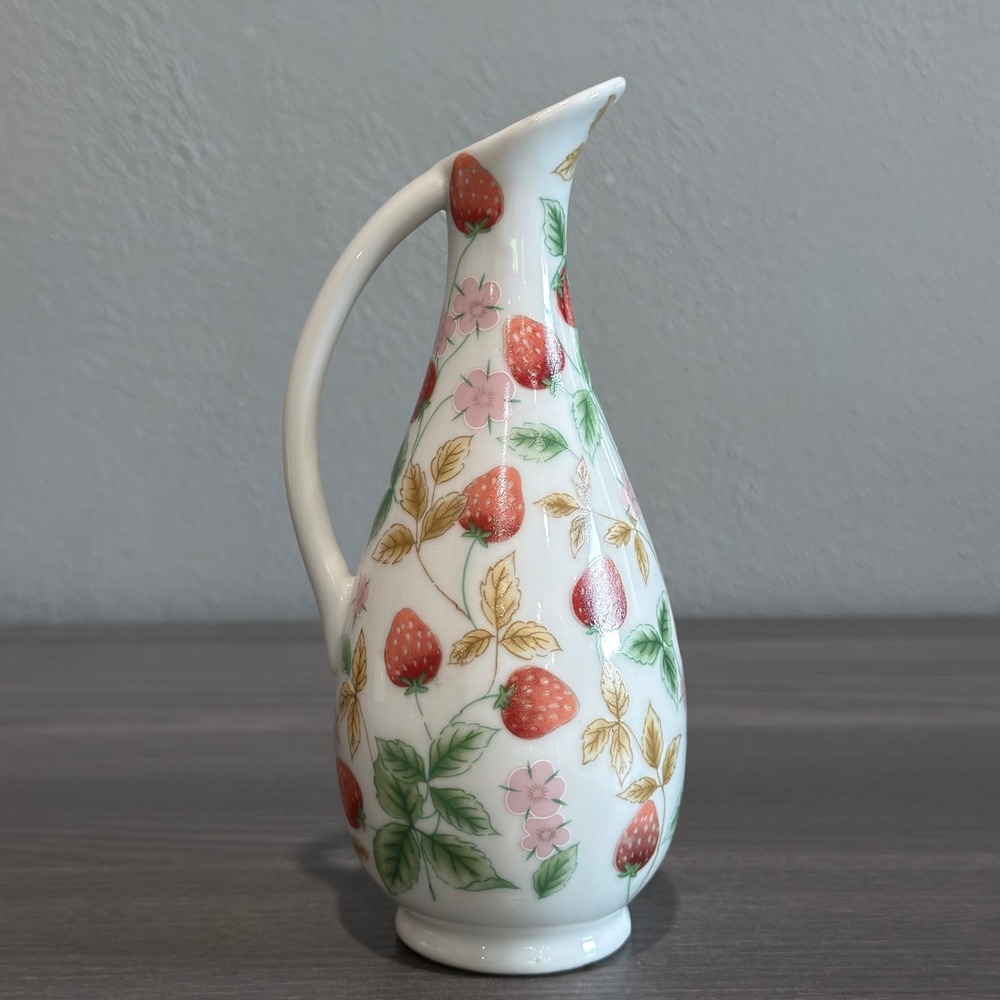 Vintage Strawberry Ceramic Bud Vase Pitcher Handle Floral Cottagecore Decor 7"